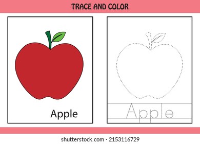 
Trace the dotted line picture and letters.  letters of apple. kids activity book. Hand Writing practice Printable worksheet. kids colouring pages and tracing books. cute fruit illustration