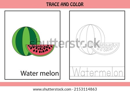 Trace the dotted line picture and letters.  letters of watermelon. kids activity book. Hand Writing practice Printable worksheet. kids colouring pages and tracing books. cute illustration