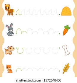 Trace the dotted lines from animals to food. Connect the dots, education game for children. Worksheet for preschoolers