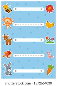 Trace the dotted lines from animals to food. Connect the dots, education game for children. Worksheet for preschoolers