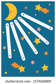 Trace the dotted lines from crescent, education game for children. Night sky and stars. Worksheet for preschoolers