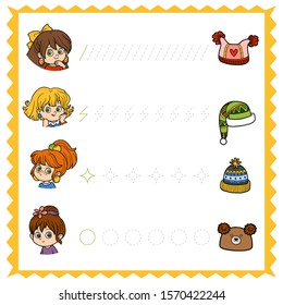 Trace the dotted lines from girls to hats. Connect the dots, education game for children. Worksheet for preschoolers
