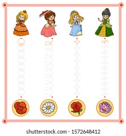 Trace the dotted lines from princesses to flowers. Connect the dots, education game for children. Worksheet for preschoolers