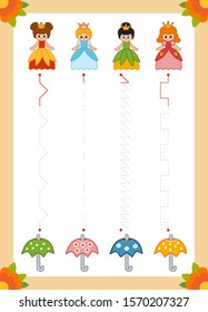 Trace the dotted lines from princesses to umbrellas. Connect the dots, education game for children. Worksheet for preschoolers