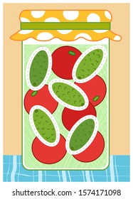 Trace the dotted lines in the shape of ovals. Cucumbers and tomatoes in jar. Education game for children. Worksheet for preschoolers