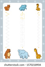 Trace the dotted lines from young animals to their moms. Connect the dots, education game for children. Worksheet for preschoolers