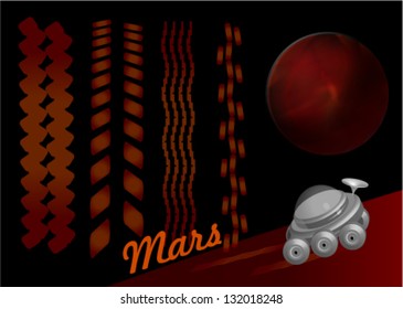  Trace of fictional rover wheels in variations, rover and a planet in the set