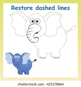 Trace game for children. Cartoon elephant.  Restore dashed line and color picture.