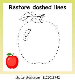 Trace game for children. Cartoon red apple. Restore dashed line and color picture!