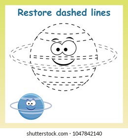 Trace game for children. Cartoon Uranus  planet. Restore dashed line and color picture!