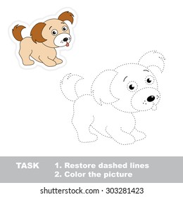 Trace game for children. One cartoon puppy to be traced. Restore dashed line and color picture! 