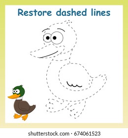 Trace game for children.Cartoon duck.  Restore dashed line and color picture!