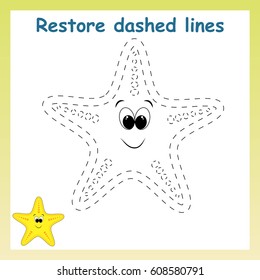 Trace game for children.Cartoon starfish.  Restore dashed line and color picture!