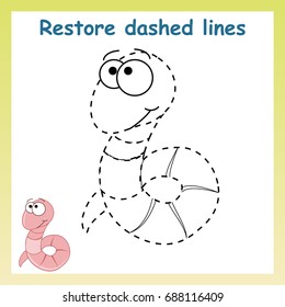 Trace game for children.Cartoon worm.  Restore dashed line and color picture!