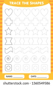 trace the geometric shapes around the contour - star, cross, heart, wave, curl. learning for children, drawing tasks. simple lesson figures