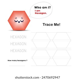 Trace Hexagons geometry shape worksheet for learning shapes primary kindergarten practice sheets.