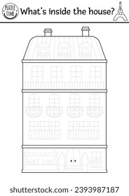 Trace the house. Vector France themed drawing practice worksheet. Printable black and white activity for kids. French coloring page with traditional Paris building
