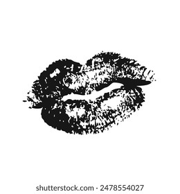 Trace kiss, women's lips, lipstick. Black and white icon and symbol lips. Beauty brand, imprint, symbol. Vector illustration isolated on white background.