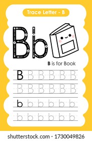 Trace Letter Alphabet B exercise with cartoon vocabulary illustration