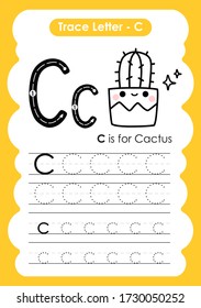 Trace Letter Alphabet C exercise with cartoon vocabulary illustration