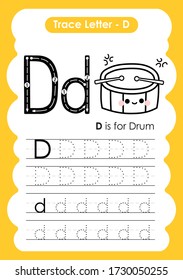 Ejercicio Trace Letter Alphabet D con ilustración de vocabulario de dibujos animados