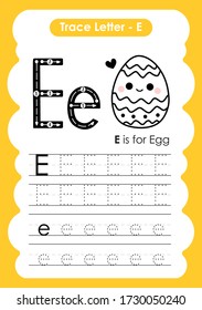 Trace Letter Alphabet E exercise with cartoon vocabulary illustration