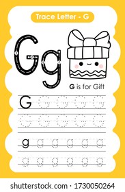 Trace Letter Alphabet G exercise with cartoon vocabulary illustration