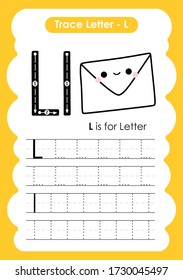 Trace Letter Alphabet L exercise with cartoon vocabulary illustration