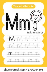 Ejercicio Trace Letter Alphabet M con ilustración de vocabulario de dibujos animados