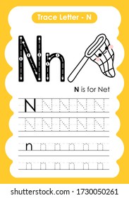 Trace Letter Alphabet N exercise with cartoon vocabulary illustration
