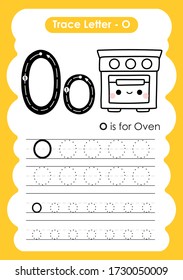 Trace Letter Alphabet O exercise with cartoon vocabulary illustration