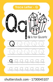 Ejercicio Trace Letter Alphabet Q con ilustración de vocabulario de dibujos animados