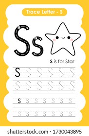 Trace Letter Alphabet S exercise with cartoon vocabulary illustration