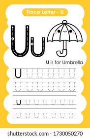 Ejercicio Trace Letter Alphabet U con ilustración de vocabulario de dibujos animados