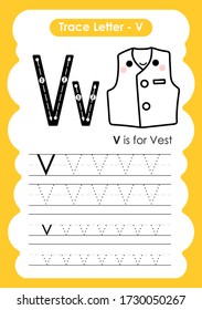 Trace Letter Alphabet V exercise with cartoon vocabulary illustration