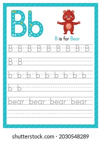 Trace letter B uppercase and lowercase. Alphabet tracing practice preschool worksheet for kids learning English with cute cartoon animal. Activity page for Pre K, kindergarten. Vector illustration