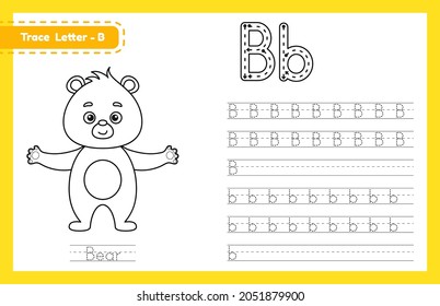 Trace letter B uppercase and lowercase. Alphabet tracing practice preschool worksheet for kids learning English with cute cartoon animal. Coloring book for Pre K, kindergarten. Vector illustration