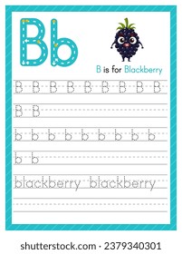 Trace letter B uppercase and lowercase. Alphabet tracing practice preschool worksheet for kids learning English with cartoon blackberry. Activity page for Pre K, kindergarten. Vector illustration