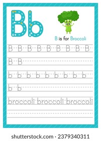 Trace letter B uppercase and lowercase. Alphabet tracing practice preschool worksheet for kids learning English with cartoon broccoli. Activity page for Pre K, kindergarten. Vector illustration.