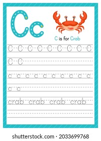 Trace letter C uppercase and lowercase. Alphabet tracing practice preschool worksheet for kids learning English with cute cartoon animal. Activity page for Pre K, kindergarten. Vector illustration