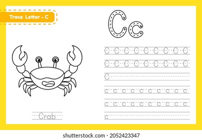 Trace letter C uppercase and lowercase. Alphabet tracing practice preschool worksheet for kids learning English with cute cartoon animal. Coloring book for Pre K, kindergarten. Vector illustration