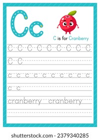 Trace letter C uppercase and lowercase. Alphabet tracing practice preschool worksheet for kids learning English with cartoon cranberry. Activity page for Pre K, kindergarten. Vector illustration.