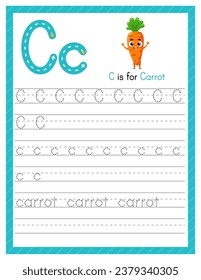 Trace letter C uppercase and lowercase. Alphabet tracing practice preschool worksheet for kids learning English with cartoon carrot. Activity page for Pre K, kindergarten. Vector illustration