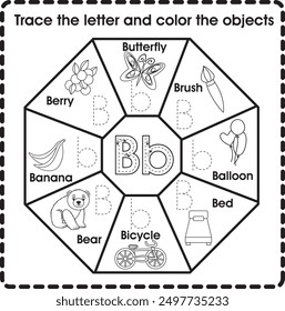 Trace the letter and color the objects (Letter B)