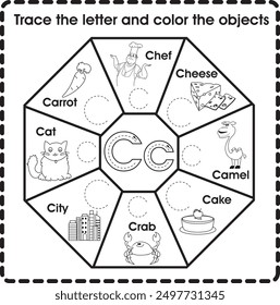 Trace the letter and color the objects (Letter C)