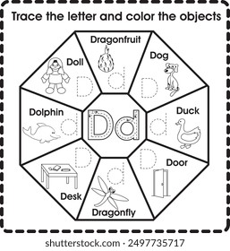 Trace the letter and color the objects (Letter D)