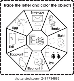 Trace the letter and color the objects (Letter E)