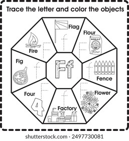 Trace the letter and color the objects (Letter F)