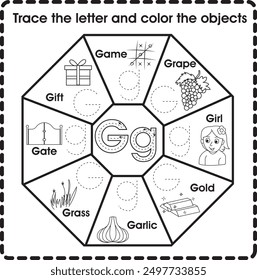 Trace the letter and color the objects (Letter G)