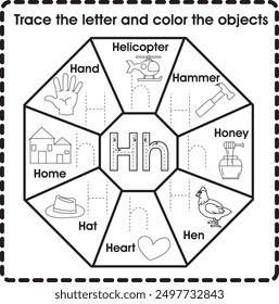 Trace the letter and color the objects (Letter H)